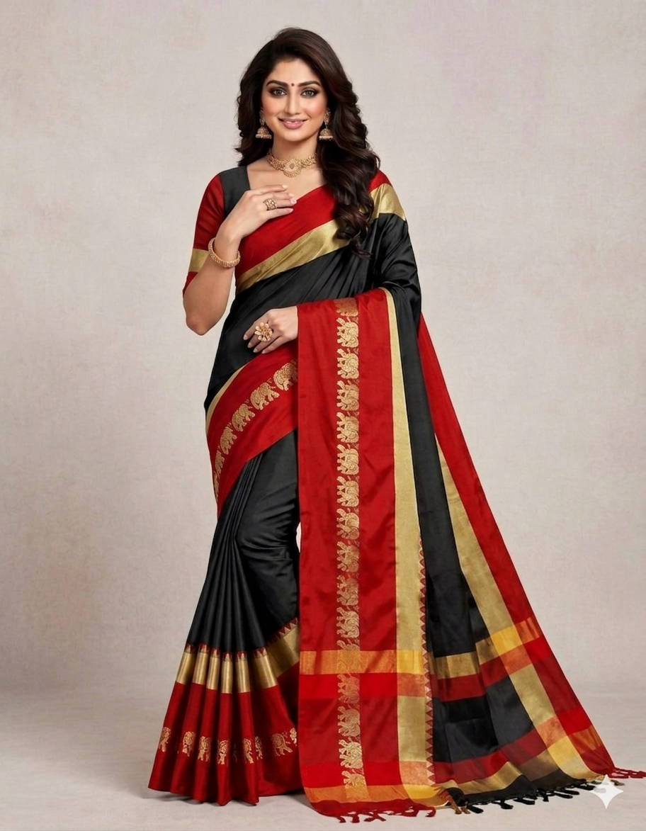 Black & Red Gadwal Saree with Royal Elephant Border