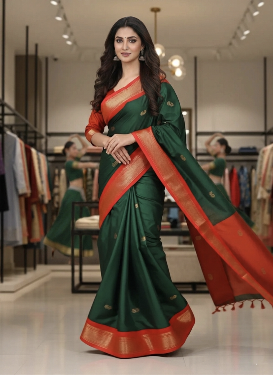 Premium Paithani Silk Saree for Women | Bottle Green & Red Border Traditional Designer Saree