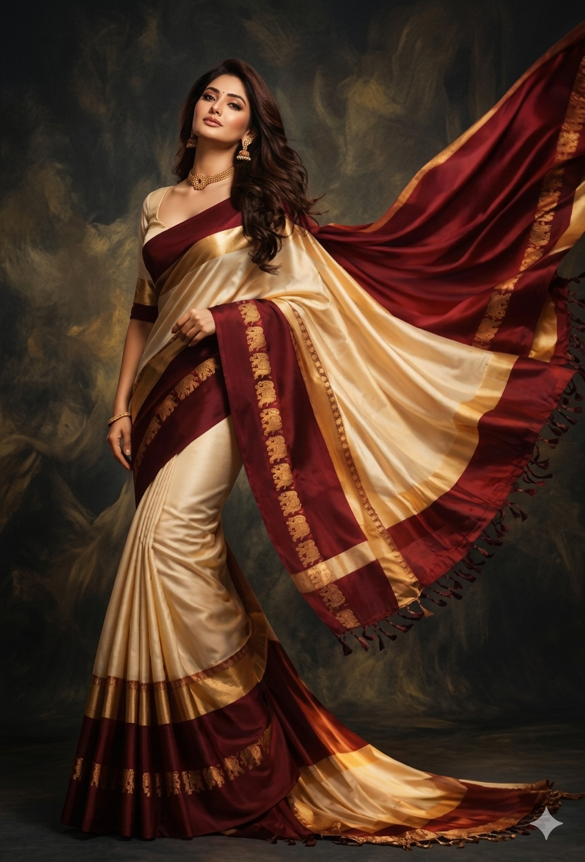 Beige & Maroon Gadwal Saree with Royal Elephant Border